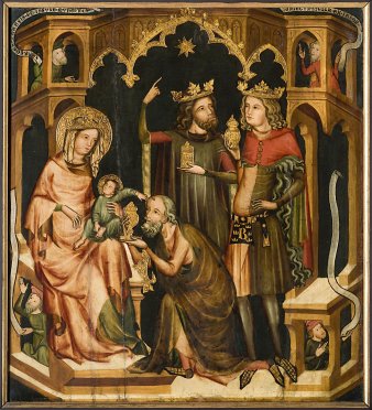 Foto: Augustiner-Altar, Anbetung der Könige (Fragment eines Altarretabels), Erfurter Werkstatt, Mitte des 14. Jh., Mischtechnik auf Holz © Angermuseum, Foto: Stadtverwaltung Erfurt / D. Urban Links Maria mit dem Jesuskind, beide mit Heiligenschein. Rechts die drei Könige, die Geschenke darbieten. Um das Bild herum Spruchbänder.