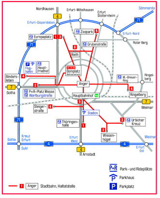 Stilisierte Darstellung der Stadt Erfurt mit den  Möglichkeiten (ÖPNV, Pkw, Parkplätze)