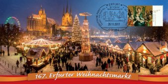 Winterlicher Weihnachtsmarkt mit Kirchenensemble und Sonderstempel 2017