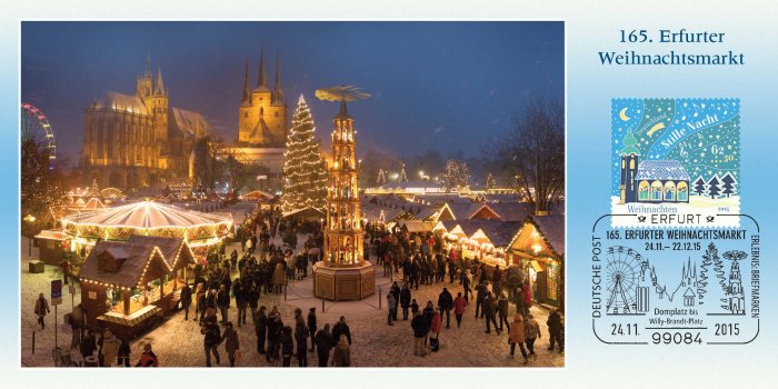 Picture: Postkarte 165. Erfurter Weihnachtsmarkt © Stadtverwaltung Erfurt Winterlicher Weihnachtsmarkt mit Kirchenensemble und Sonderstempel