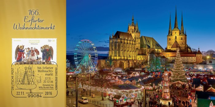 Bild: Postkarte 166. Erfurter Weihnachtsmarkt © Stadtverwaltung Erfurt Winterlicher Weihnachtsmarkt mit Kirchenensemble und Sonderstempel