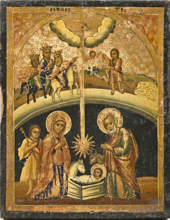 Darstellung der heiligen Familie, Maria, Joseph und das Christuskind im unteren Teil, oben die darstellung der drei heiligen Könige. Ikone in Braun-Gold-Tönen.