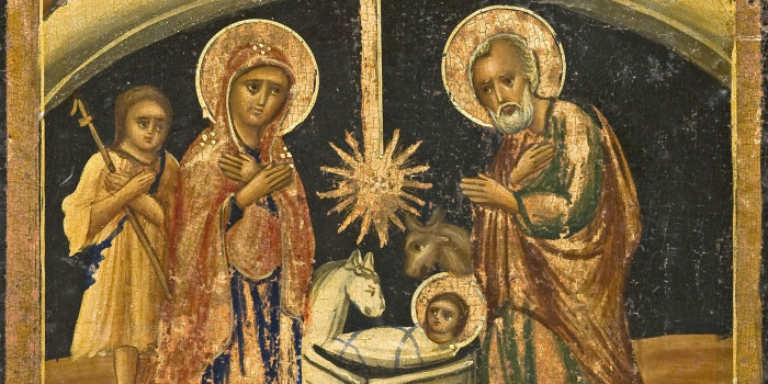 Darstellung der heiligen Familie, Maria, Joseph und das Christuskind im unteren Teil, oben die darstellung der drei heiligen Könige. Ikone in Braun-Gold-Tönen.
