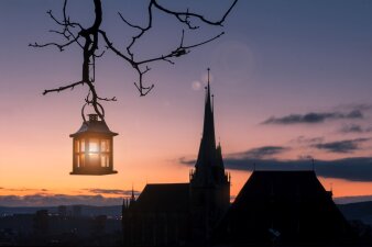 Foto: Stadtrundgang: Sagenhaftes Erfurt im Advent © Stadtverwaltung Erfurt/Grit Kästner Im Hintergrund der Dom zu Erfurt. Im Vordergrund, in einem Baum hängend, eine Laterne