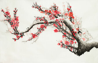 Foto: Japanischer Holzschnitt © Nikolay Mossolaynen/123RF.com Rote Pflaumenblüten, gezeichnet auf japanischem Papier.