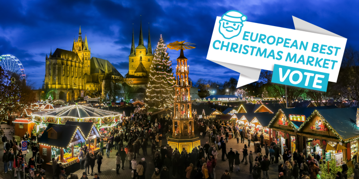 Weihnachtsmarkt mit Voting-Hinweis Panoramasicht auf den Erfurter Weihnachtsmarkt und ein Logo, dass auf das Voting hinweist