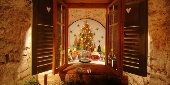 wooden window sheds open with christmas decoration