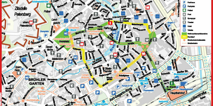 Plan der Innenstadt von Erfurt mit Weihnachtsmarktflächen und Rundlauf durch die Innenstadt