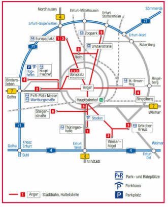 Stilisierte Darstellung der Stadt Erfurt mit den Möglichkeiten (ÖPNV, Pkw, Parkplätze) zum Erreichen des Erfurter Weihnachtsmarktes