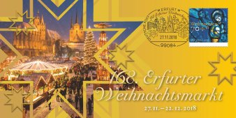 Winterlicher Weihnachtsmarkt mit Kirchenensemble und Sonderstempel 2018